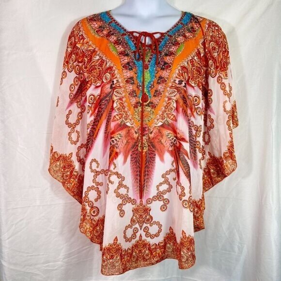White Mark Sheer Colorful Tribal Print Lace up Swim Cover-up Kaftan One Size - Picture 1 of 8